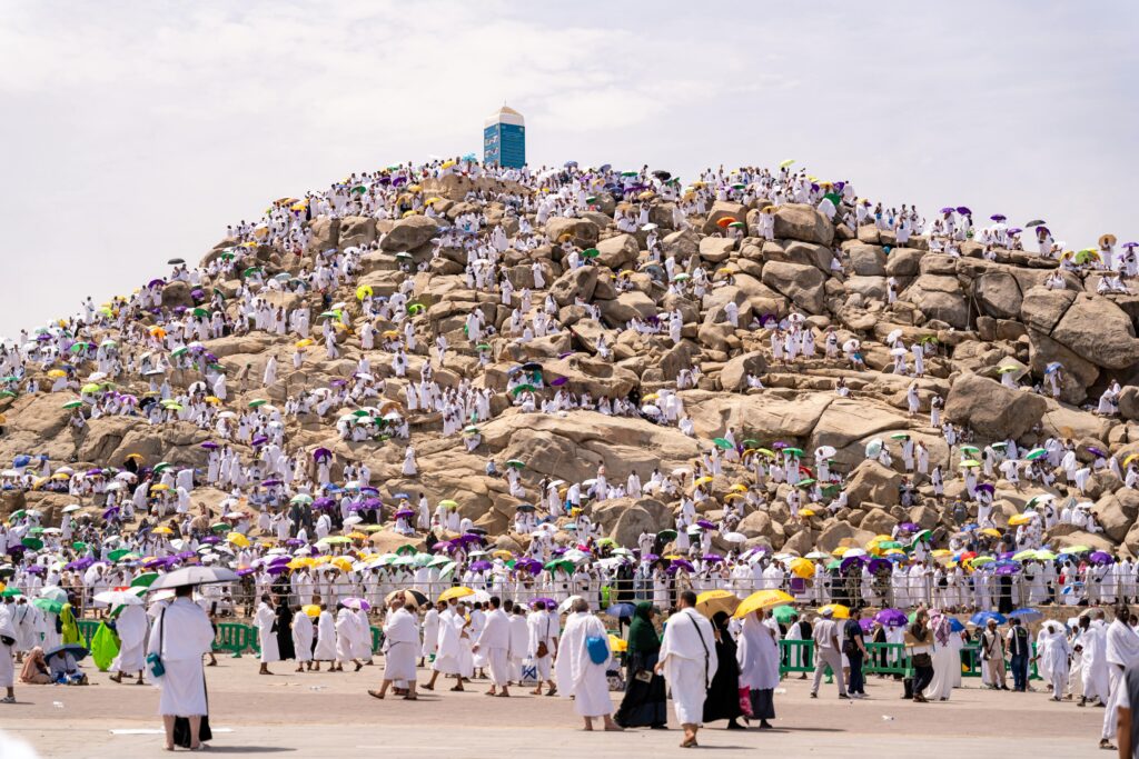 Thousands of pilgrims at Mount Arafat during Hajj, the annual Islamic pilgrimage in Mecca, Saudi Arabia.